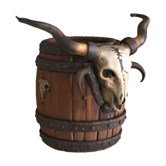 3D model for ancient beer cask made of wood and covered with a bull skull.