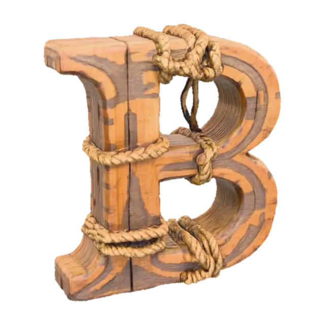 The letter "B" shaped out of ancient wood and covered in ancient rope - Alphabet 3D model, vytvořený pomocí AI
