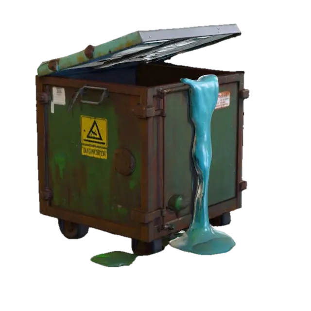 An old, industrial dumpster made of thick, rusted metal with large dents, chipped… - Toxic 3D model, vytvořený pomocí AI