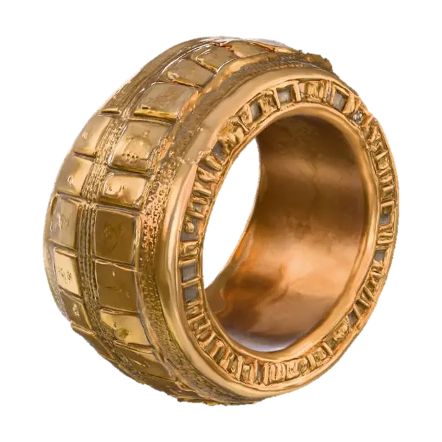 3D model for Create a hyper-realistic Unreal Engine asset of a massive bronze ring, large enough for a character to fly through. The ring should shine with polished bronze, featuring reflective metallic PBR textures that capture light and glimmer with subtle lens flares. Add fine detailing along the edges — engraved ridges, faint ornamental patterns, and micro scratches to give it realism while still appearing magical and pristine. The inner rim should be smooth and highly reflective, amplifying its radiant glow. The outer ring should have ancient hieroglyphic blue-ish markings etched into the ring. Ensure scalable optimization so the ring can be viewed both as a distant landmark and in cinematic close-ups, perfect for flight gameplay.