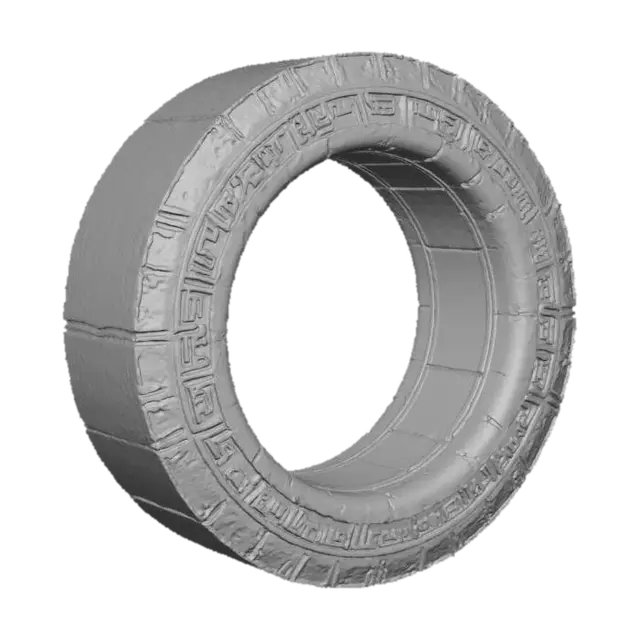 3D model for Create a hyper-realistic Unreal Engine asset of a massive ancient stone ring, large enough for a character to fly through. The ring should shine with aged and weathers stone with grass growing on the edges of the stone, featuring reflective metallic PBR textures that capture light and glimmer with subtle lens flares. Add fine detailing along the edges — engraved ridges, faint ornamental patterns, and micro scratches to give it realism while still appearing magical and pristine. The inner rim should be smooth and highly reflective, amplifying its radiant blue glow. The outer ring should have ancient hieroglyphic markings etched into the stone ring. Ensure scalable optimization so the ring can be viewed both as a distant landmark and in cinematic close-ups, perfect for flight gameplay.
