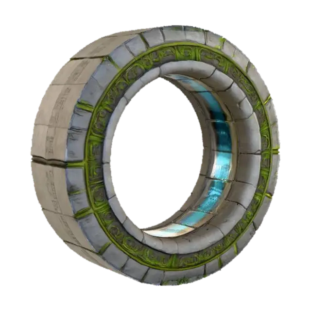 3D model for Create a hyper-realistic Unreal Engine asset of a massive ancient stone ring, large enough for a character to fly through. The ring should shine with aged and weathers stone with grass growing on the edges of the stone, featuring reflective metallic PBR textures that capture light and glimmer with subtle lens flares. Add fine detailing along the edges — engraved ridges, faint ornamental patterns, and micro scratches to give it realism while still appearing magical and pristine. The inner rim should be smooth and highly reflective, amplifying its radiant blue glow. The outer ring should have ancient hieroglyphic markings etched into the stone ring. Ensure scalable optimization so the ring can be viewed both as a distant landmark and in cinematic close-ups, perfect for flight gameplay.