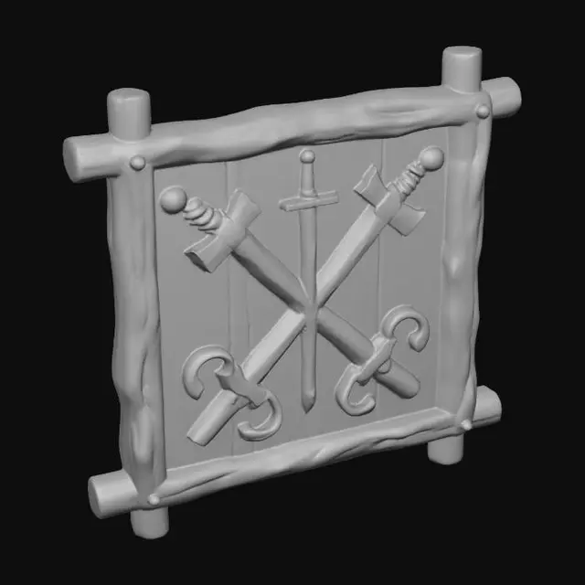 3D model for a wooden square weapon shop sign from a ancient lake town ruin