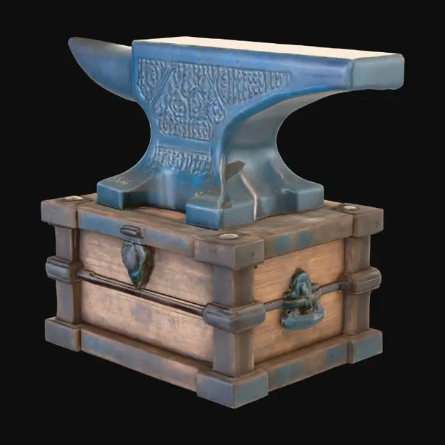 3D model for an ancient anvil carved and ethed with blue-ish ancient carvings. Sitting on a wooden box.