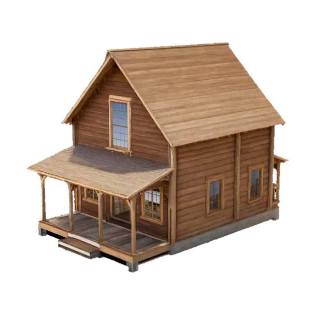 A western style house, with an empty interior, made of wood and windows on both sides.-3D-modell, genererad av AI