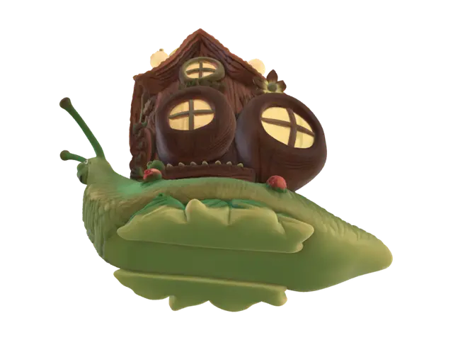 3D model for A charming fantasy snail carrying a glowing jack-o-lantern cottage as its shell, tiny windows, warm light, cute facial expression, spooky autumn atmosphere, collectible sculpture, highly detailed 3D model