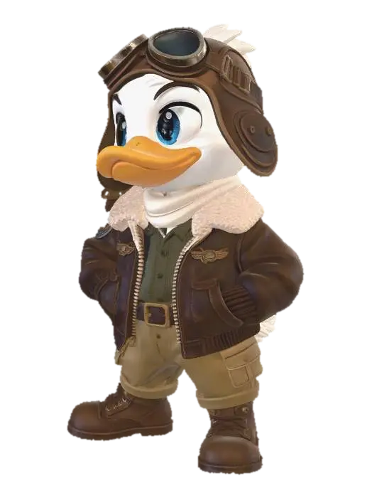 Pilot Duck Adventurer - Mascot 3D model, vytvořený pomocí AI
