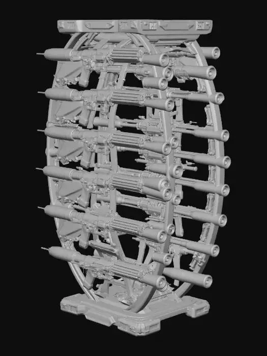 3D model for A futuristic weapon rack where weapons are arranged along a double helix spiral structure like DNA, connected by glowing energy strands, clean symmetrical vertical design, metallic and energy material blend, minimal base, strong silhouette, centered composition, studio lighting, dark background, ultra detailed 3D model