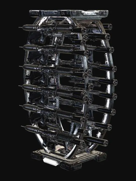 3D model for A futuristic weapon rack where weapons are arranged along a double helix spiral structure like DNA, connected by glowing energy strands, clean symmetrical vertical design, metallic and energy material blend, minimal base, strong silhouette, centered composition, studio lighting, dark background, ultra detailed 3D model