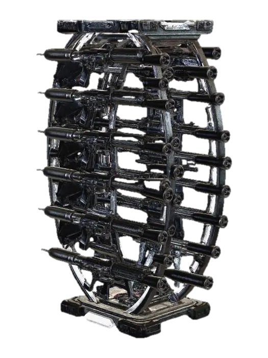 A futuristic weapon rack where weapons are arranged along a double helix spiral… 3D model, vytvořený pomocí AI