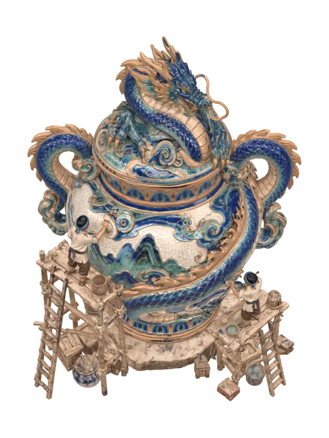 Miniature Craftsmen Painting a Dragon Urn - Jobin 3D model, vytvořený pomocí AI