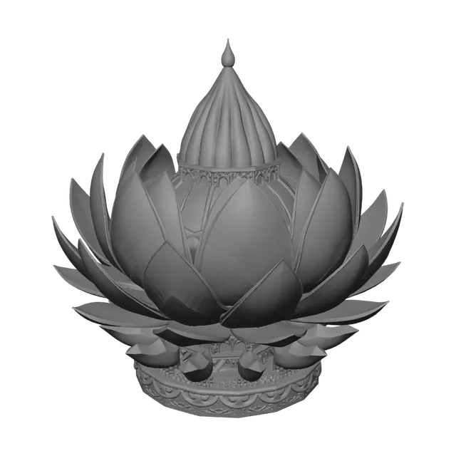 3D model for A colossal floating carnival landmark shaped like a blooming lotus, inspired by Indian architecture and festivals. Each petal represents a different region of India, decorated with traditional patterns, colorful lights, peacock feathers, and cultural motifs. A grand carnival procession circles the structure with music, dance, and vibrant festival energy. Ultra-detailed, cinematic lighting, strong silhouette, premium collectible landmark design.