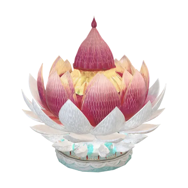 3D model for A colossal floating carnival landmark shaped like a blooming lotus, inspired by Indian architecture and festivals. Each petal represents a different region of India, decorated with traditional patterns, colorful lights, peacock feathers, and cultural motifs. A grand carnival procession circles the structure with music, dance, and vibrant festival energy. Ultra-detailed, cinematic lighting, strong silhouette, premium collectible landmark design.