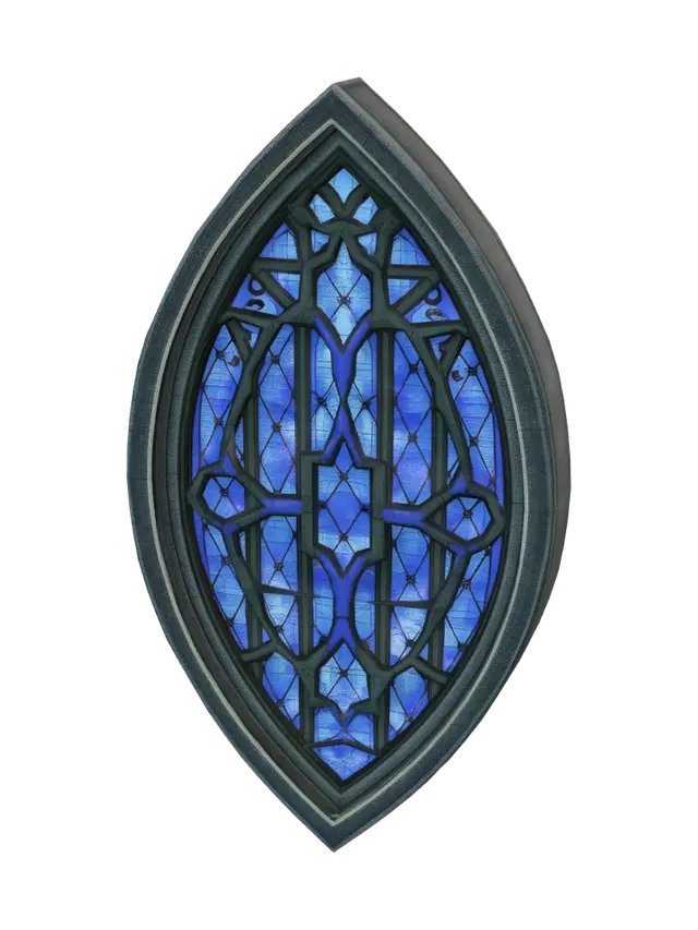 3D model for Gothic fantasy stained glass window, unique diamond shaped gothic design, dark stone frame, blue violet stained glass, low poly game asset, optimized topology.

IMPORTANT:
The window frame and the glass must be separate meshes.
Create two separate objects:
1. Window_Frame (stone frame)
2. Window_Glass (glass panels)

The glass must be an independent mesh inside the frame, not baked into the frame geometry.
The glass should use separate material IDs from the frame.
The frame must have its own material.
The glass must have its own material.

Game ready asset, clean topology, separate materials, modular building system compatible, centered pivot, front facing.
