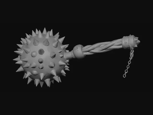 3D model for a spike ball with a chain and a carved wooden handle (mace)