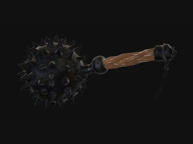 3D model for a spike ball with a chain and a carved wooden handle (mace)