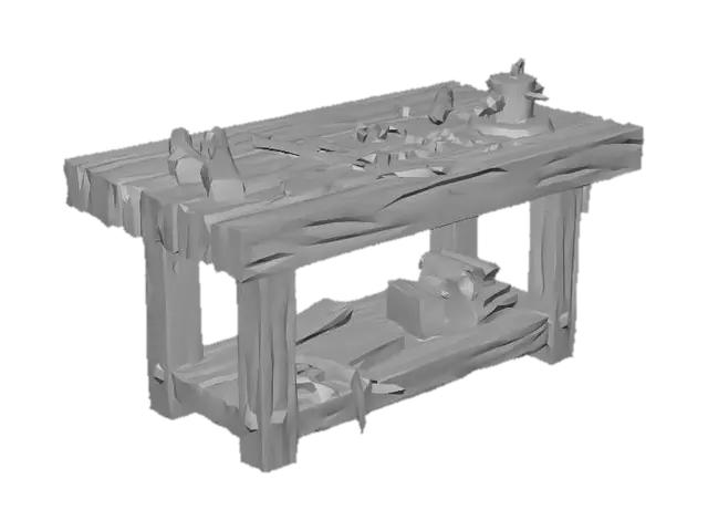 3D model for Rustic workbench with various tools in place like pliers, a vice, hacksaw, etc