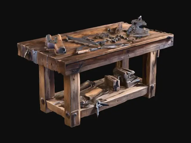 3D model for Rustic workbench with various tools in place like pliers, a vice, hacksaw, etc