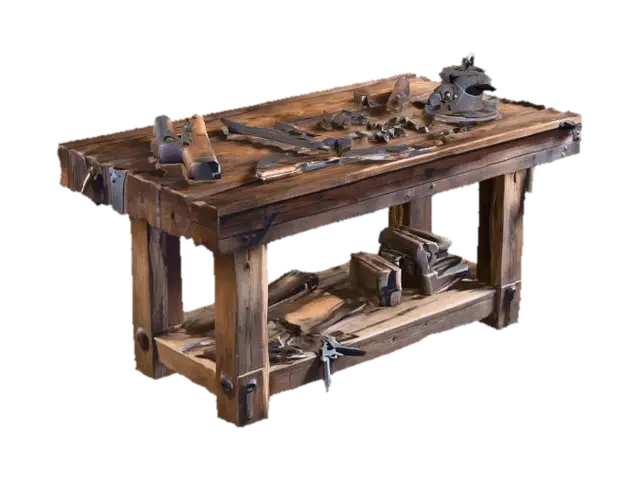 3D model for Rustic workbench with various tools in place like pliers, a vice, hacksaw, etc