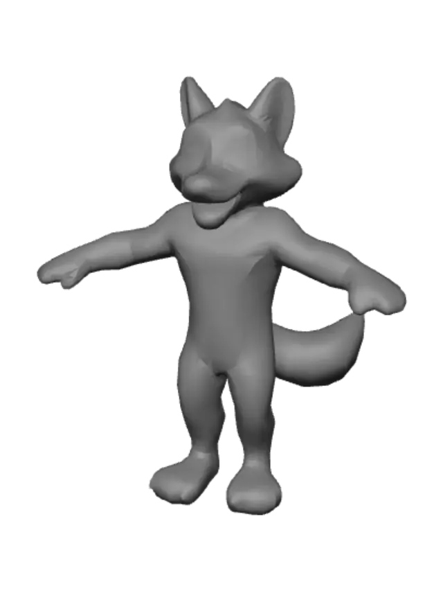3D model for "A charming, cute, and friendly werewolf character in a 3D Disney-Pixar animation style. This full-body view features a male figure with a wolf-like head, covered in soft, gray and white fur. He has large, expressive green eyes, a friendly smile revealing his teeth, and pointed wolf ears. His body is humanoid, also covered in gray fur, with visible muscle definition in his arms and chest. His hands and feet have claws, and he sports a bushy gray tail. Standing in a T-pose. The overall aesthetic is bright and inviting, set against a stark white background. The lighting is even and highlights the detail in his fur and facial features, conveying a sense of warmth and playfulness." centered front view
