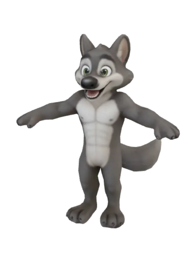 3D model for "A charming, cute, and friendly werewolf character in a 3D Disney-Pixar animation style. This full-body view features a male figure with a wolf-like head, covered in soft, gray and white fur. He has large, expressive green eyes, a friendly smile revealing his teeth, and pointed wolf ears. His body is humanoid, also covered in gray fur, with visible muscle definition in his arms and chest. His hands and feet have claws, and he sports a bushy gray tail. Standing in a T-pose. The overall aesthetic is bright and inviting, set against a stark white background. The lighting is even and highlights the detail in his fur and facial features, conveying a sense of warmth and playfulness." centered front view