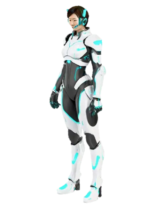 In a sleek sci-fi command center, a young woman in advanced armor stands… 3D model, vytvořený pomocí AI
