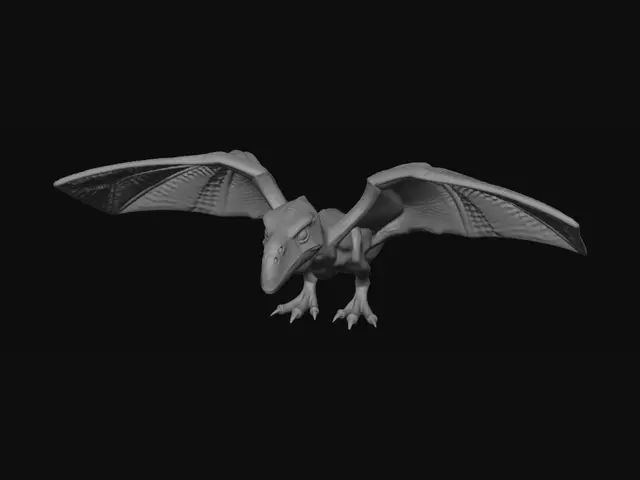 3D model for Criar um pterodactilo com asas abertas, pousado em uma arvore seca, em um galho no alto, embaixo no chão com relva, pedras. Gere um diorama para impressão 3D.