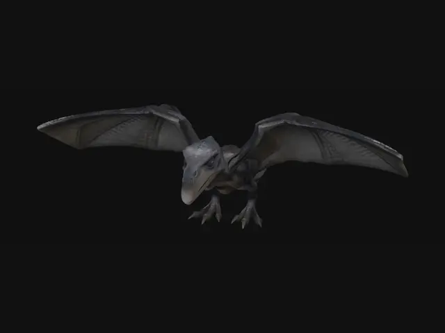 3D model for Criar um pterodactilo com asas abertas, pousado em uma arvore seca, em um galho no alto, embaixo no chão com relva, pedras. Gere um diorama para impressão 3D.
