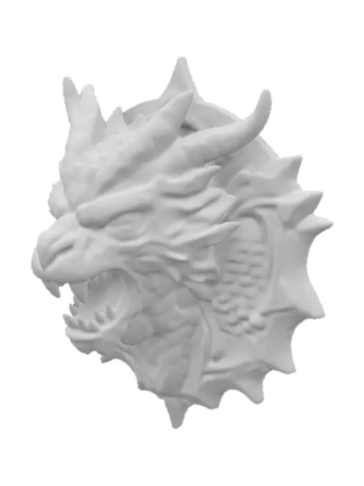 3D model for an intricately carved wooden plaque bust of a dragon, highly detailed