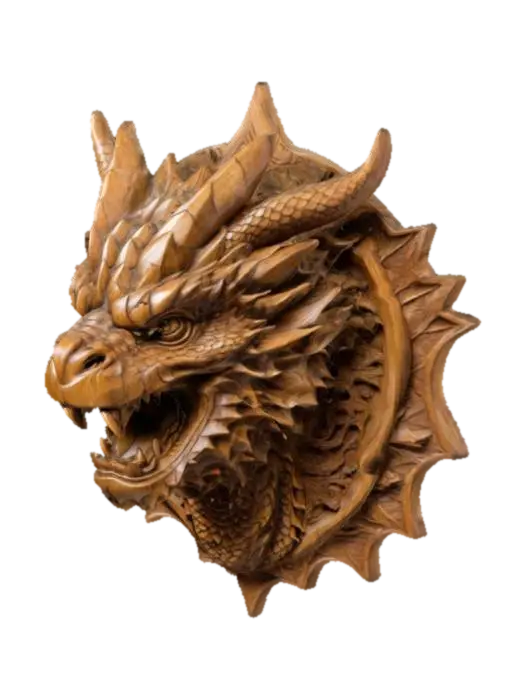 3D model for an intricately carved wooden plaque bust of a dragon, highly detailed