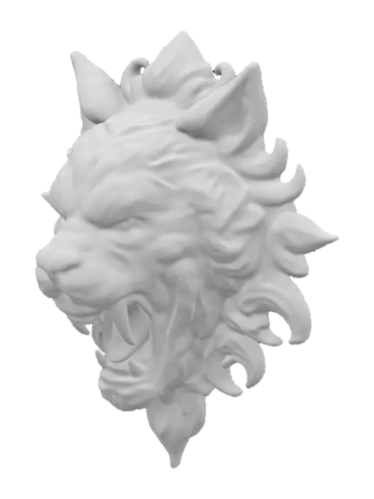 3D model for an intricately carved wooden wall bust of a demon tiger head, highly detailed, wall bust,
