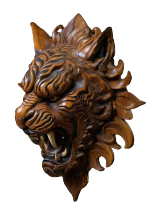 3D model for an intricately carved wooden wall bust of a demon tiger head, highly detailed, wall bust,
