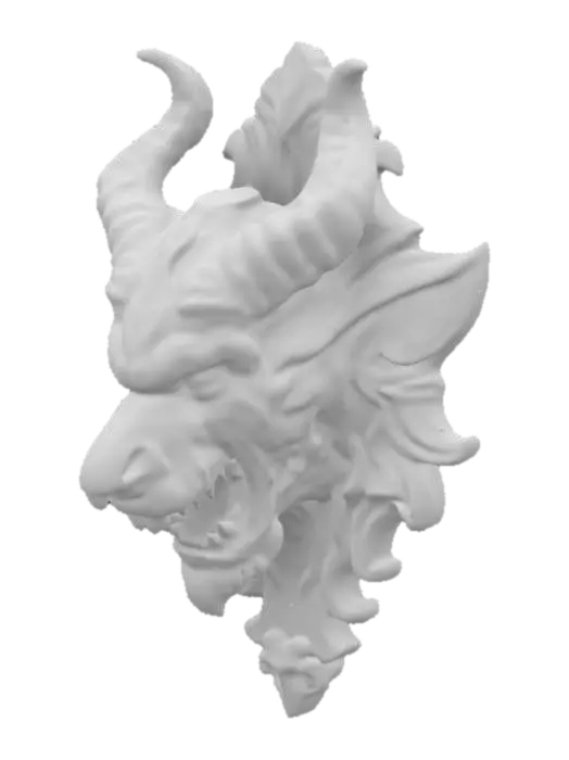 3D model for an intricately carved wooden wall bust of a demon head, highly detailed, wall bust, ars goetia