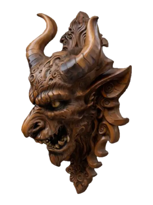 3D model for an intricately carved wooden wall bust of a demon head, highly detailed, wall bust, ars goetia
