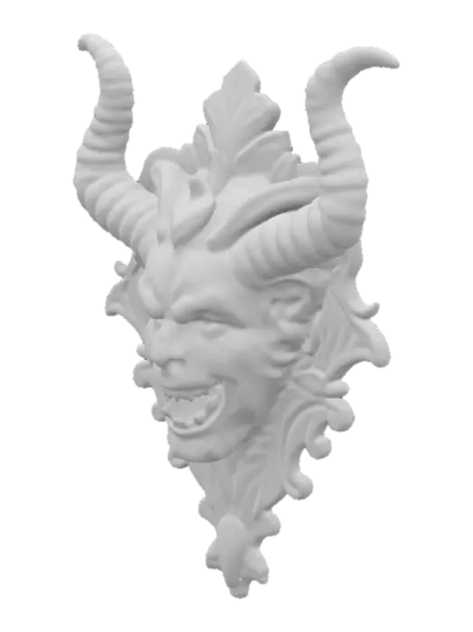 3D model for an intricately carved wooden wall bust of a demon head, highly detailed, wall bust,