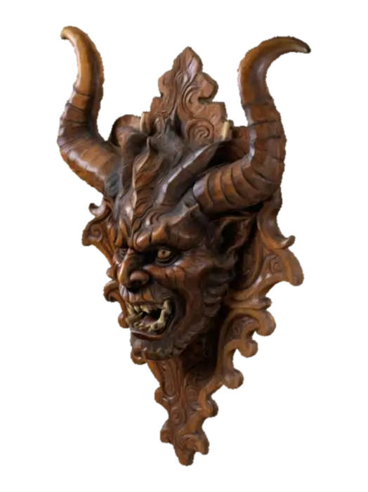 3D model for an intricately carved wooden wall bust of a demon head, highly detailed, wall bust,