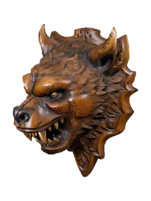 3D model for an intricately carved wooden wall bust of a demon bear head, highly detailed, wall bust,