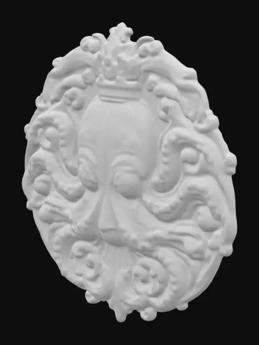 3D model for an intricately carved stone wall bust of a demon octopus head, highly detailed, wall bust,