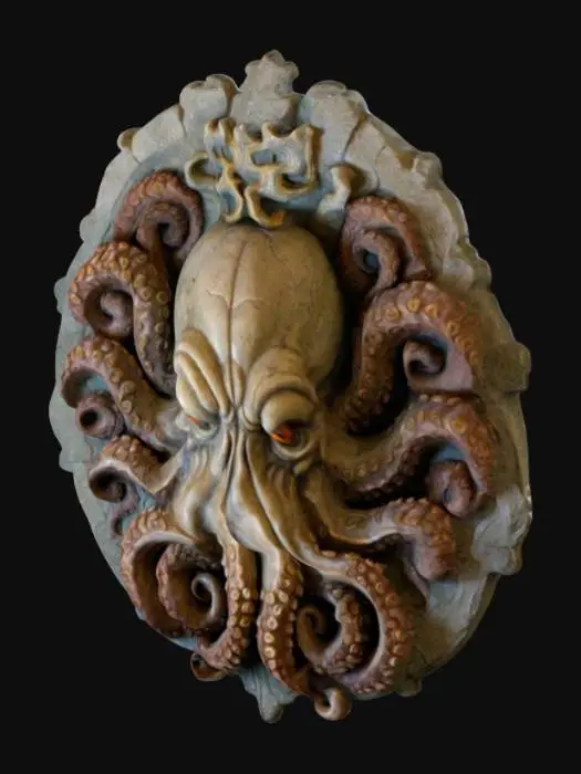 3D model for an intricately carved stone wall bust of a demon octopus head, highly detailed, wall bust,