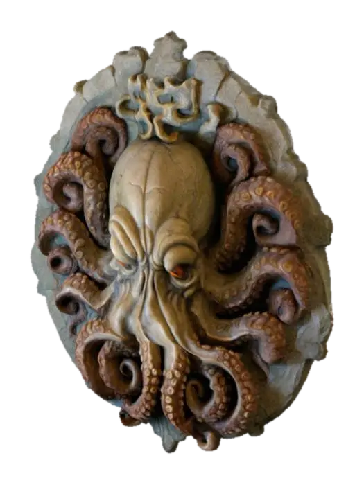 an intricately carved stone wall bust of a demon octopus head, highly detailed,… 3D model, vytvořený pomocí AI