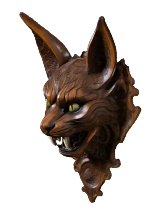 3D model for intricately carved wooden wall bust of a demonic cat