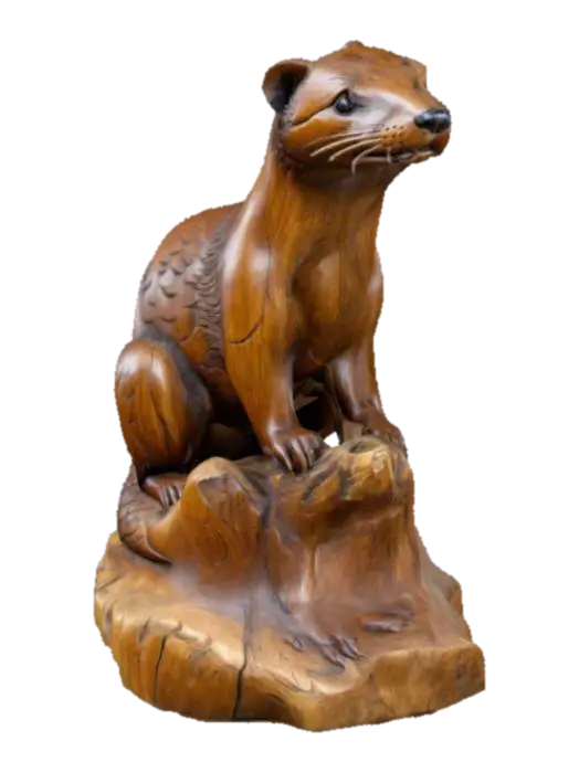 intricately carved wooden statue of a weasel sitting on a log - Artisan 3D model, vytvořený pomocí AI