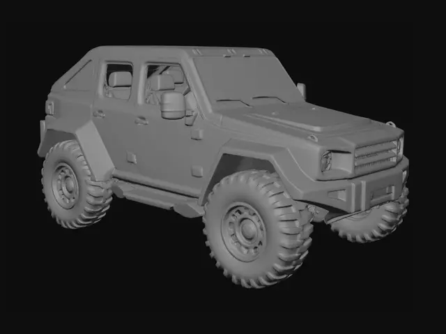 3D model for A stylized sci-fi off-road vehicle, clean hard-surface design, separated visible wheels, clear wheel arches, separate headlights, doors, front bumper, rear bumper, clean topology, game-ready asset, symmetrical design, no background, no driver, no characters, detailed but not overly complex, realistic proportions, suitable for Blender rigging and animation.