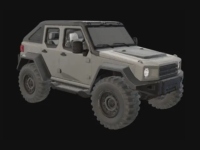 3D model for A stylized sci-fi off-road vehicle, clean hard-surface design, separated visible wheels, clear wheel arches, separate headlights, doors, front bumper, rear bumper, clean topology, game-ready asset, symmetrical design, no background, no driver, no characters, detailed but not overly complex, realistic proportions, suitable for Blender rigging and animation.