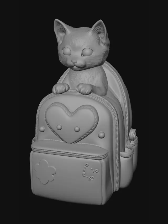 3D model for злой котёнок выглядывает из окошка в форме сердца из маленького рюкзака.
