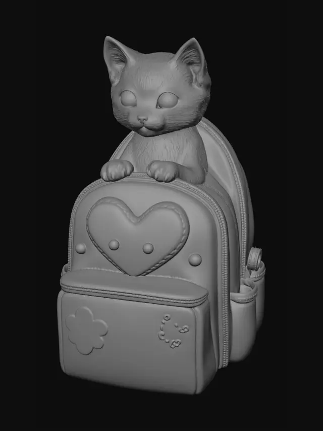 3D model for злой котёнок выглядывает из окошка в форме сердца из маленького рюкзака.