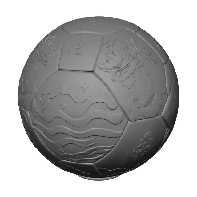 3D model for A soccer ball redesigned as fine Chinese blue and white porcelain, decorated with dragon patterns, clouds, mountains and floral motifs, displayed on a jade pedestal, football field grass beneath, elegant museum lighting, highly detailed ceramic texture, 3D model, cultural symbol of China