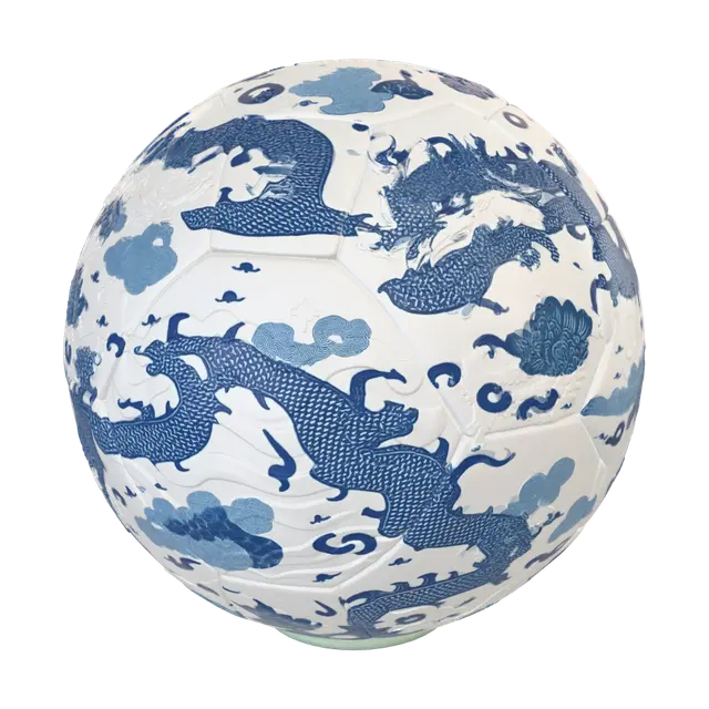 3D model for A soccer ball redesigned as fine Chinese blue and white porcelain, decorated with dragon patterns, clouds, mountains and floral motifs, displayed on a jade pedestal, football field grass beneath, elegant museum lighting, highly detailed ceramic texture, 3D model, cultural symbol of China