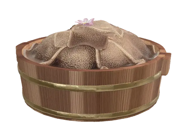 Beef Tripe in a Bamboo Steamer with a Pink Flower model 3D, wygenerowany przez AI