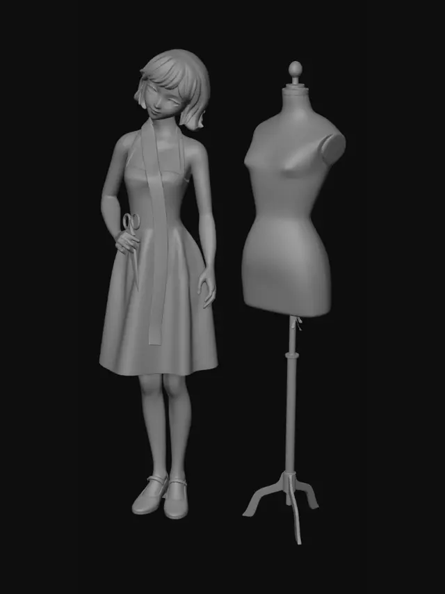3D model for A stylized cute 3D girl figurine, look like a young fashion designer and dressmaker, whit a measuring tape around her neck, holding fabric scissors, standing next to a sewing mannequin, clean and solid geometry , minimal smooth sculpture style, perfect for 3D printing